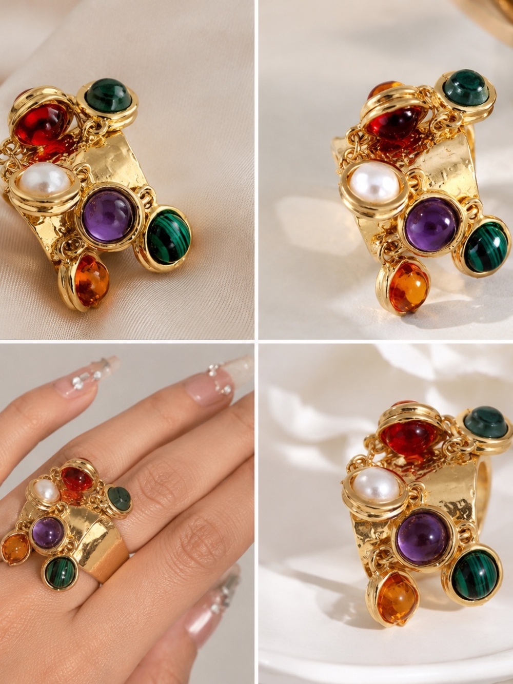 Vintage Adjustable Gemstone Statement Ring | Gold Tone Boho Chic